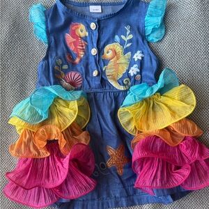 Blue Seahorse Ruffle Kids Dress - Multicolor Accents